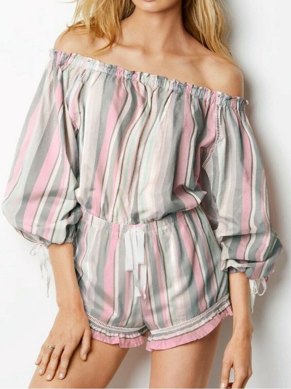 Victoria's Secret Off the Shoulder Gray and Pink Striped Romper, size XL